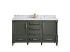 an image of a bathroom vanity with marble counter top and gold hardware on the drawers