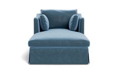 an upholstered blue chair with pillows on the back and foot rest, viewed from the front