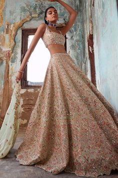 Shop for Tamanna Punjabi Kapoor Green Georgette Resham And Mirror Embroidered Lehenga Set for Women Online at Aza Fashions Orang India, Designer Bridal Lehenga, Net Lehenga, Red Lehenga, Embroidered Lehenga, Indian Lehenga, Indian Couture, Wedding Lehenga, Indian Wedding Outfits