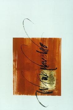 an orange and white painting with writing on it