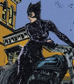 a drawing of a catwoman on a motorcycle in front of a building with a clock tower