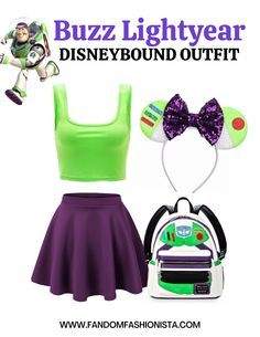 a woman wearing a green top and purple skirt with mickey mouse ears on her head