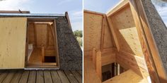 two pictures side by side showing the inside and outside of a small wooden structure with an open door