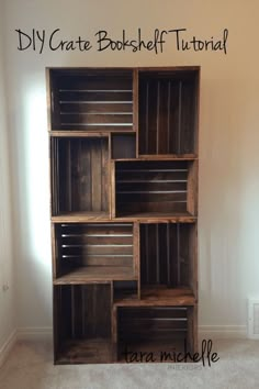 a bookcase made out of wooden crates with the words diy crate bookshelf