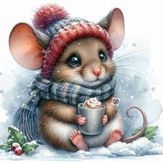 a painting of a mouse wearing a hat and scarf, holding a cup of coffee