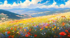 a painting of a field with flowers and mountains in the background