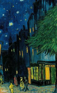 a painting of people walking down a street at night with the stars in the sky