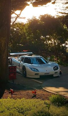 a white sports car parked next to a tree