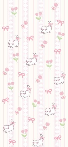 a pink and white wallpaper with small dogs on the striped background, which is decorated with flowers