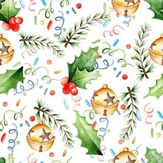 watercolor christmas seamless pattern with bells and holly