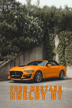 an orange sports car parked in front of a wall with vines on it and the words ford mustang shelby gt