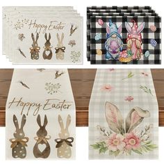 four napkins with bunny bunnies on them and happy easter written in the middle