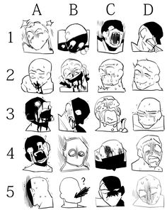 an image of cartoon faces with different expressions and numbers to describe the characters in each character