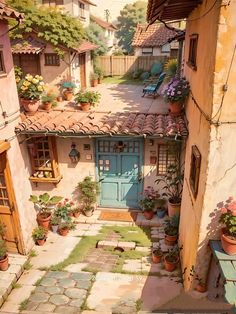 an alley way with potted plants and flowers