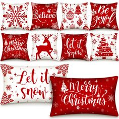 six christmas pillows with red and white designs