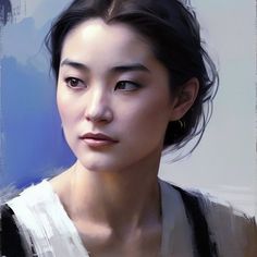 a painting of a woman with dark hair and blue eyes, wearing a white top