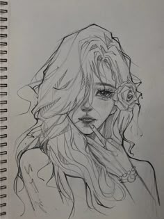 a drawing of a girl with long hair and flowers on her head, holding a rose in her hand