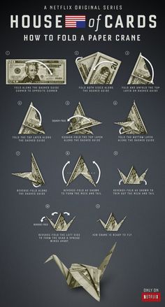 an origami crane is shown with instructions to fold it into the shape of money