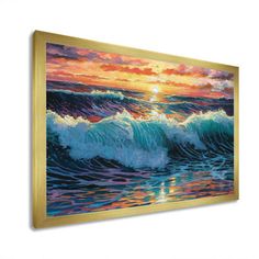 an oil painting of waves in the ocean at sunset with gold framed on white wall