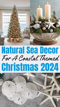 christmas decorations and candles with the words natural sea decor for a coastal themed christmas