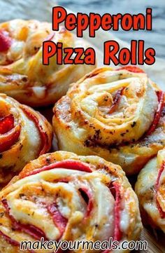 pepperoni pizza rolls on a cutting board with text overlay