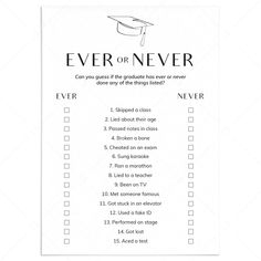 Ever or Never Graduation Party Game Download by LittleSizzle Graduation Party Program Ideas, Grad Party List, Grad Party Game Ideas, College Graduation Party Games