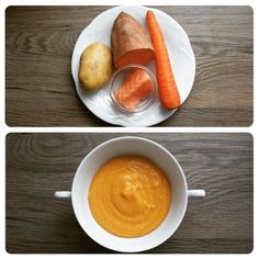 two plates with carrots, potatoes and meat in them on top of a wooden table