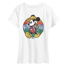 Disney - Mickey & Friends - Mickey is Happy Camping & Hiking - Women's Short Sleeve Graphic T-Shirt - Celebrate the essence of Disney's Disney with officially licensed apparel featuring unique designs crafted exclusively by Hybrid Apparel. Each piece brings beloved characters, iconic imagery, and memorable moments to life, offering Disney fans a one-of-a-kind way to showcase their passion. Mickey Mouse Outline, Mickey Shorts, Mickey Mouse Shorts, Retro Shorts, Plus Size Fits, Hiking Women, Disney Ladies, Mickey And Friends, Camping Hiking