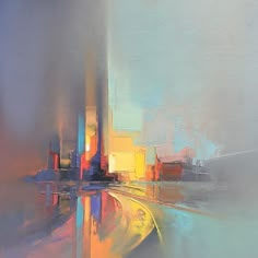 an abstract painting of city buildings in the foggy day light, with blue and yellow colors