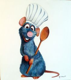 a painting of a mouse with a chef's hat on his head holding a spoon