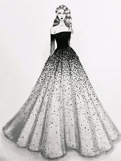 a drawing of a woman in a black and white dress with stars on it's skirt