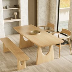 a wooden table and two chairs in a room