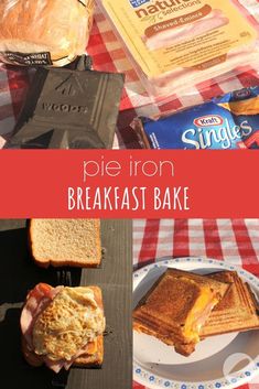 there is a plate with bread and other food items on it, along with the words pie iron breakfast bake