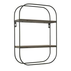 an iron shelf with two shelves on each side and one shelf attached to the wall