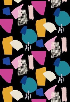 an abstract painting with blue, pink, yellow and green shapes on black background by corbi