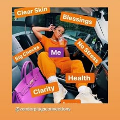 a woman sitting in the back seat of a car with words describing her health choices