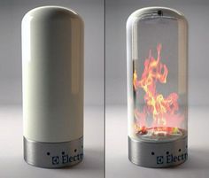 two images of a fire in a glass container with flame coming out of the top