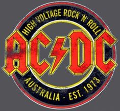 the ac / dc logo is shown in red and gold on a black background with words across it