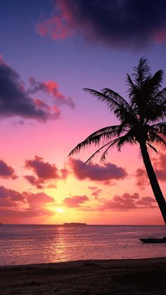 the sun is setting behind two palm trees on the beach with boats in the water