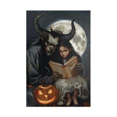 a painting of two children dressed as witches reading a book in front of a full moon