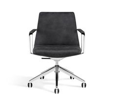 a black office chair with chrome legs and casteor wheels on an isolated white background