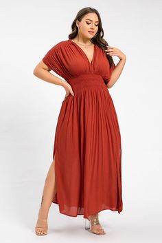 Pretty Casual Dresses, Aunt Vibes, Dress For Chubby, Pretty Dresses Casual, Fam Pics, Earth Tone Dress, Ruched Waist Dress, Bohemian Dresses Long, Boho Plus Size