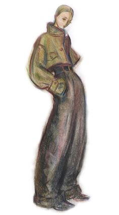 a drawing of a woman in a long skirt and jacket standing with her hands on her hips