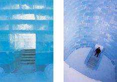 two pictures of the inside and outside of an ice hotel with stairs leading up to it