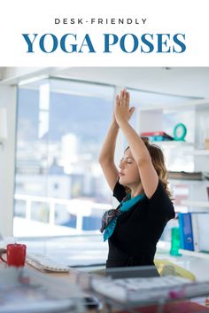 a woman doing yoga poses with her hands in the air