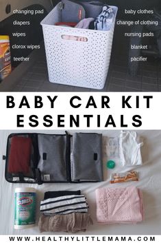 baby car kit essentials for traveling in the back of a car with text overlay that says, baby car kit essentials