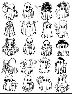 some cartoon characters that are drawn in black and white, each with different costumes on them