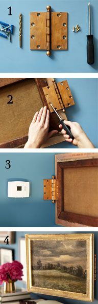 four pictures showing how to make a diy wall hanging frame with wood and leather