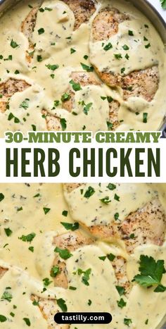 the chicken is covered in white sauce and garnished with parsley