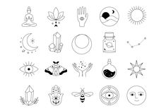 a set of hand drawn icons with different shapes and sizes, such as eyes, hands,